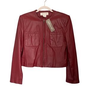 Jones New York Motorcycle Leather Jacket Size 8 Red Full Zip Long Sleeve Pockets